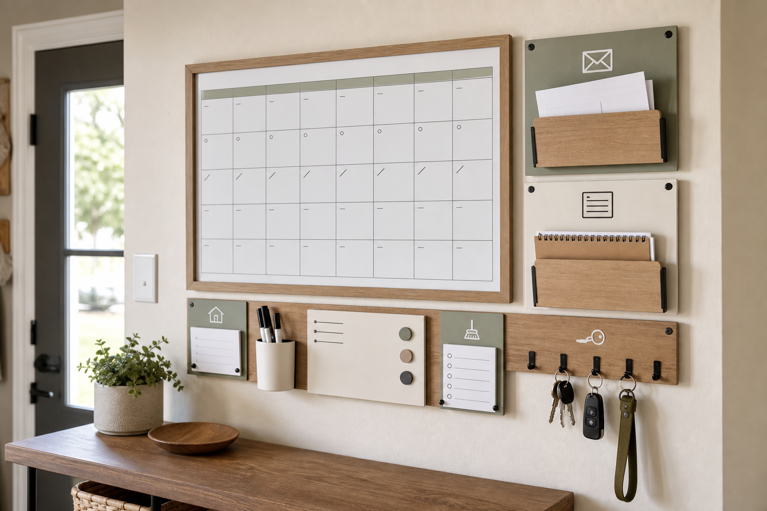 Wall-mounted family command center with a blank calendar grid, mail and note pockets, marker holder, label panels, and key hooks