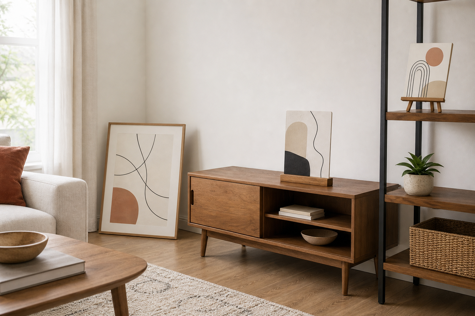Rental living room showing the footprint and scale of a leaning floor sign, a sign in a slotted base on a console, and a mini-easel shelf sign