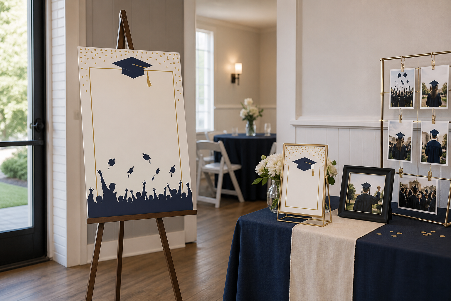 Graduation welcome sign on a floor easel beside a photo table with a smaller framed sign