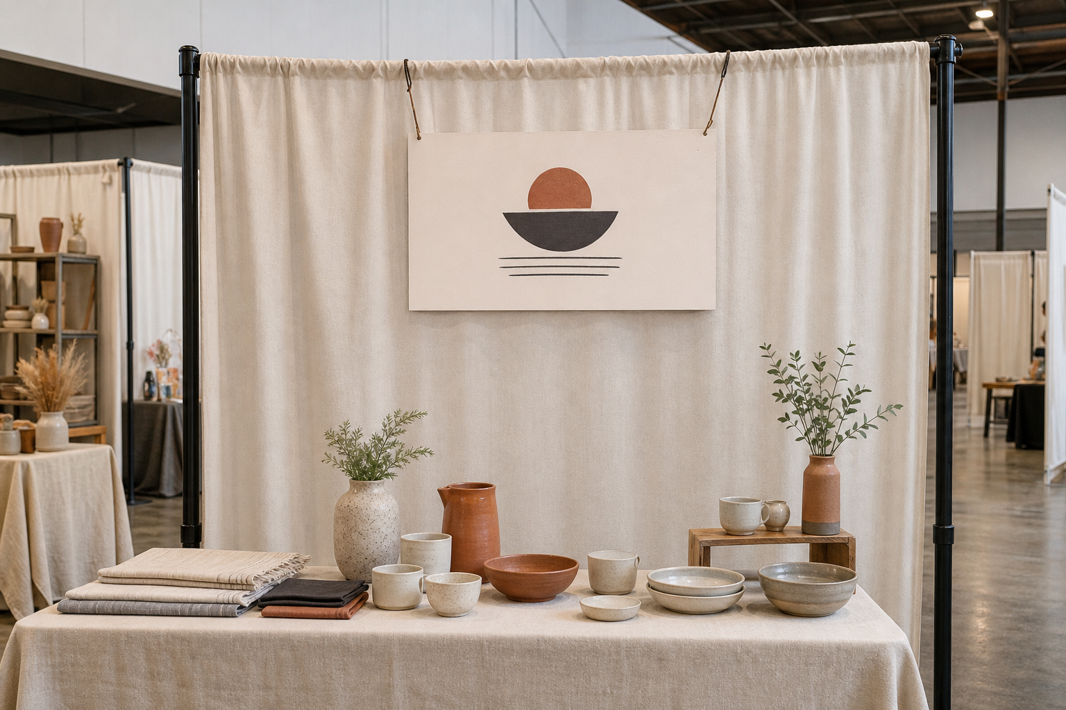 Indoor craft-market booth with a lightweight rectangular sign hanging from two balanced points above the display table, showing height and scale