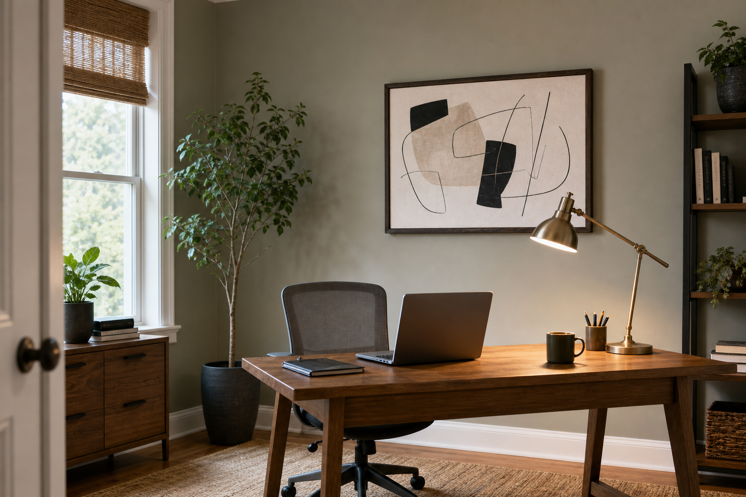 Home office with one framed wall sign scaled to the desk and positioned for a clean video-call background