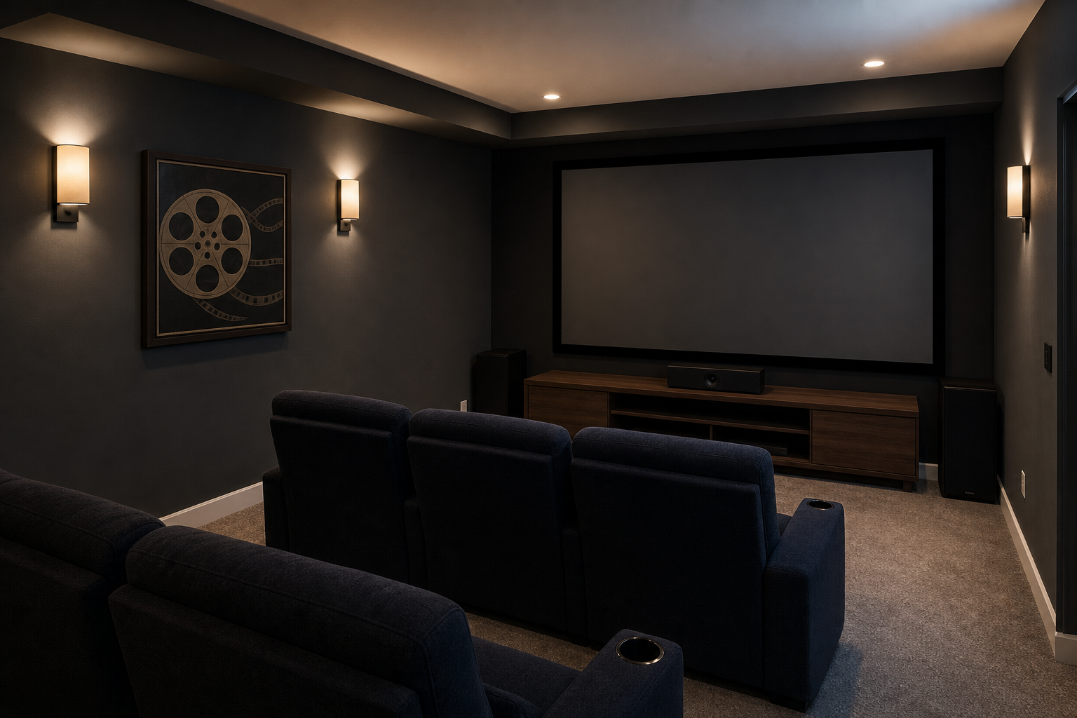 Compact home theater showing a medium framed cinema sign on the side wall, away from the screen and speakers
