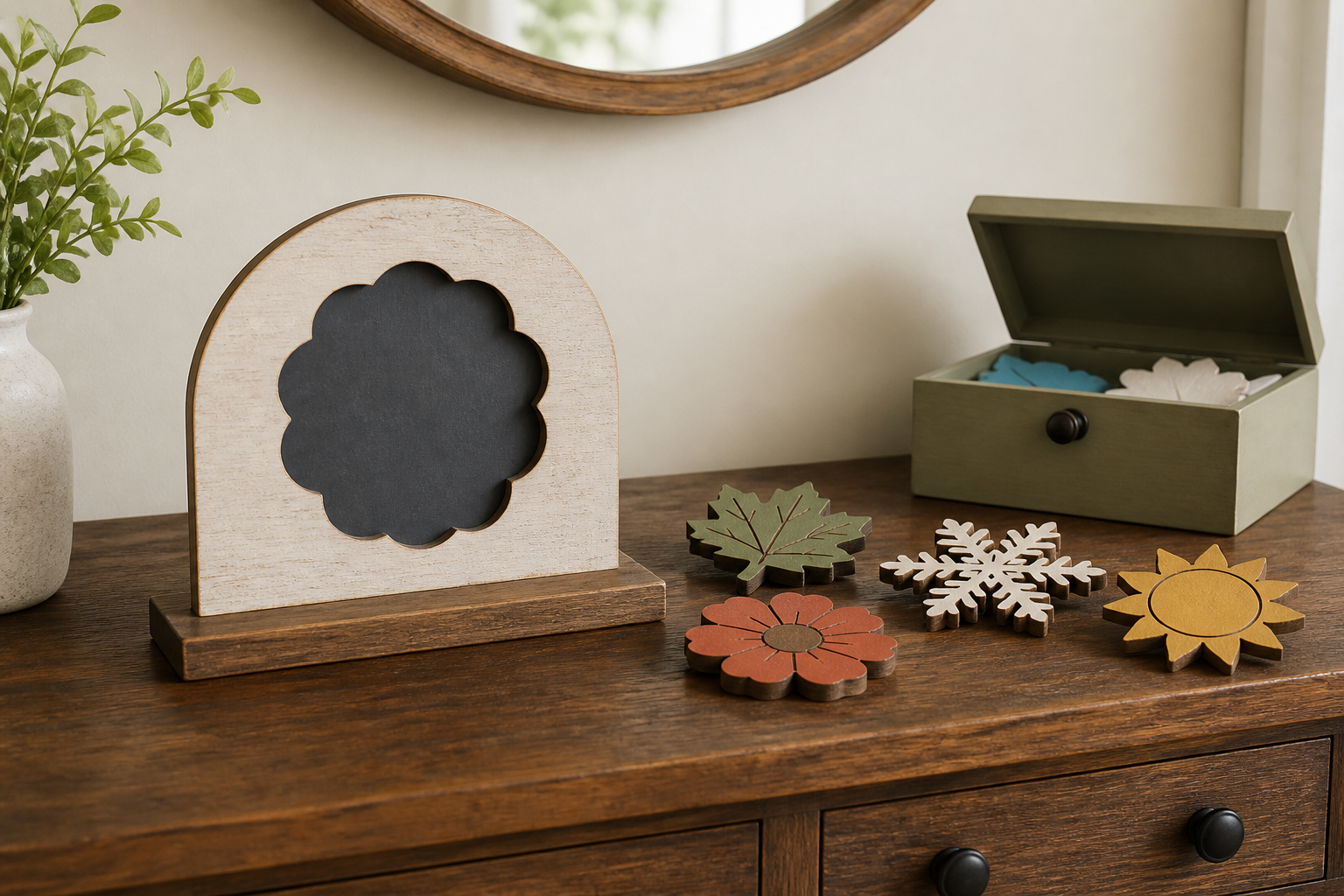 Interchangeable tabletop sign base with leaf, flower, snowflake, and sun accent pieces beside a storage box