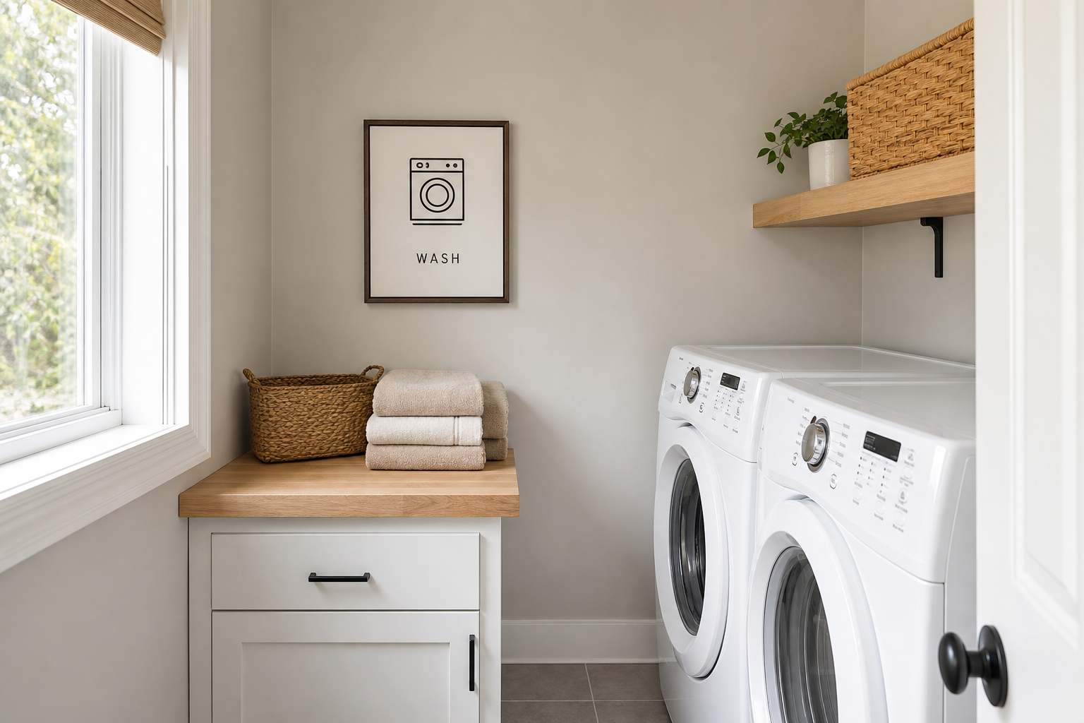Small neutral laundry room with one simple framed sign above a folding counter, showing useful wall scale and whitespace