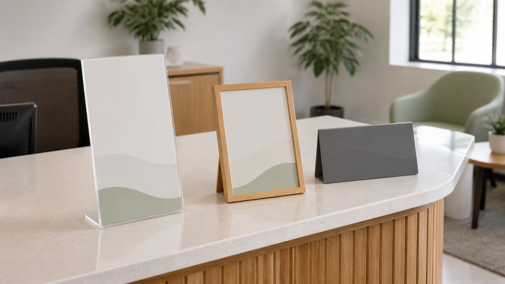 Matte insert holder illustrating an updateable reception desk sign