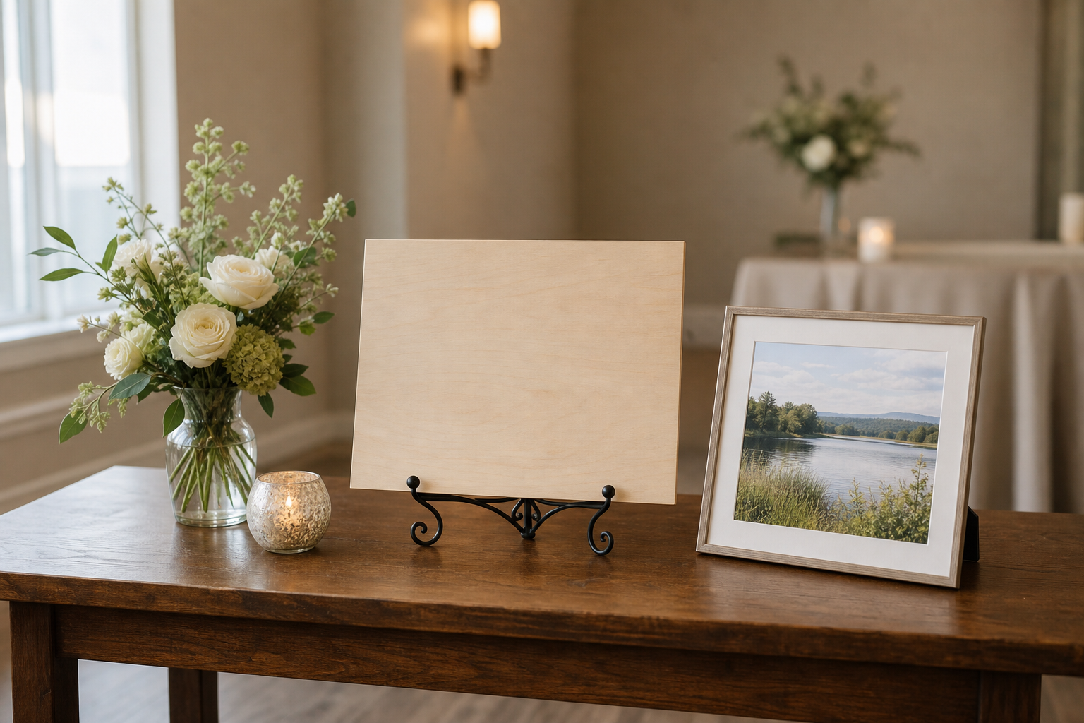 Memorial table arranged with a blank wooden sign, flowers, candle-style decor, and a framed landscape photograph