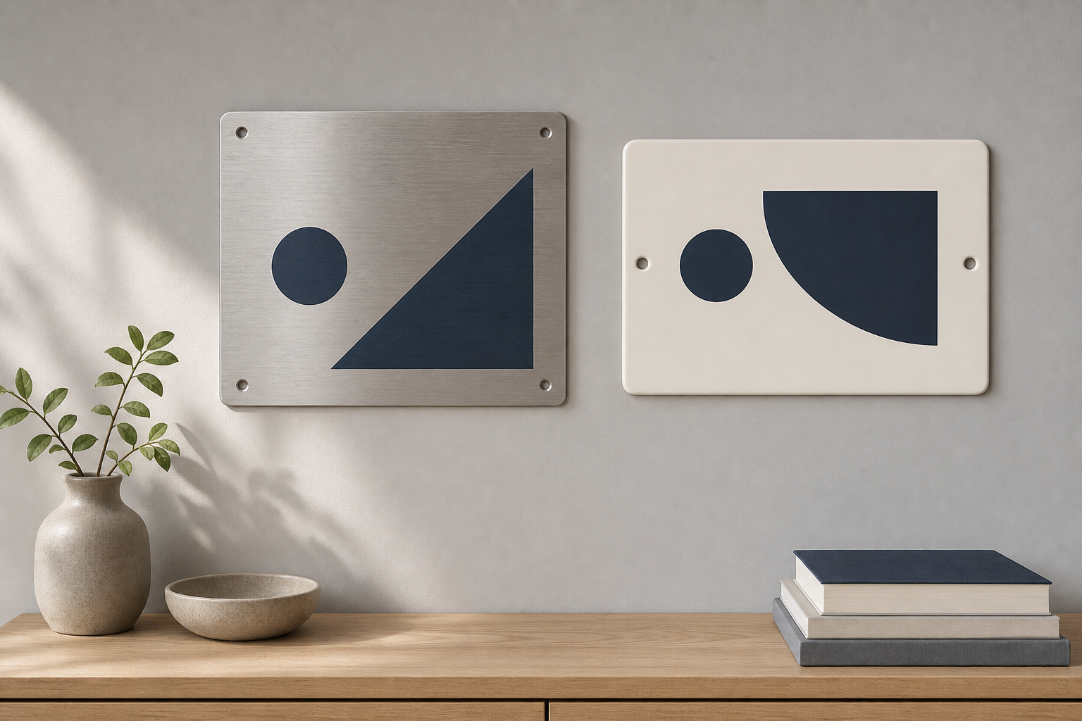 Brushed metal sign with four mounting holes beside a matte plastic sign with two mounting holes on an indoor wall