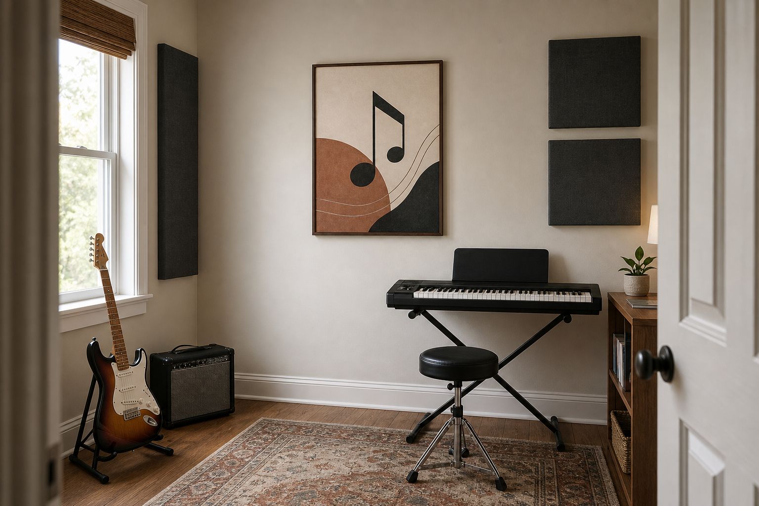Home music room showing a medium framed music sign scaled between a guitar, keyboard, amplifier, and acoustic panels