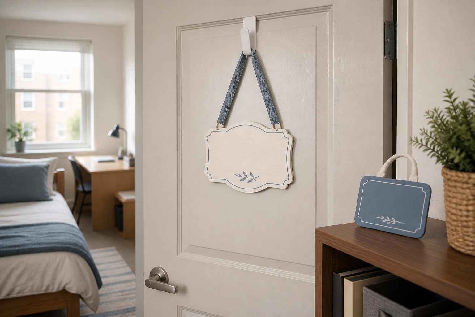 Lightweight blank decorative plaque hanging by a fabric strap from an over-door hook inside a rental bedroom