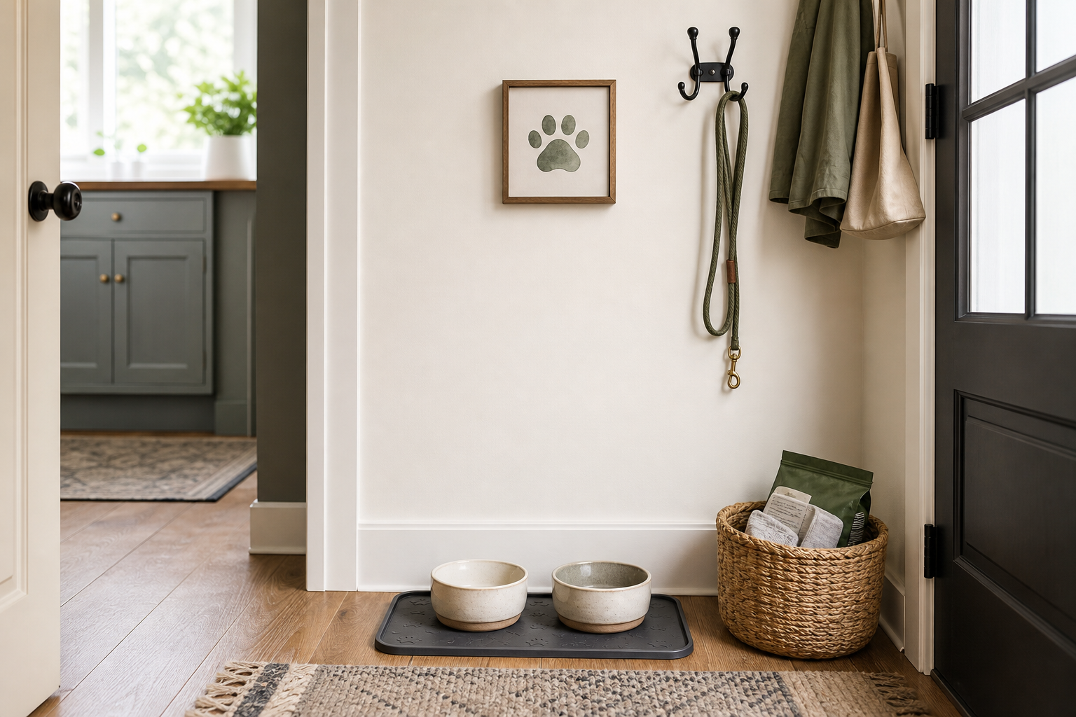 Framed paw sign mounted above a home pet station with bowls, leash hooks, and supply storage