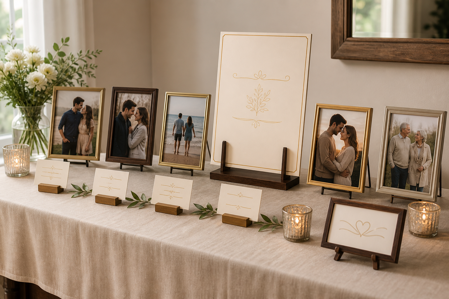 Anniversary photo timeline with a header sign, framed photographs, and small caption cards on a display table
