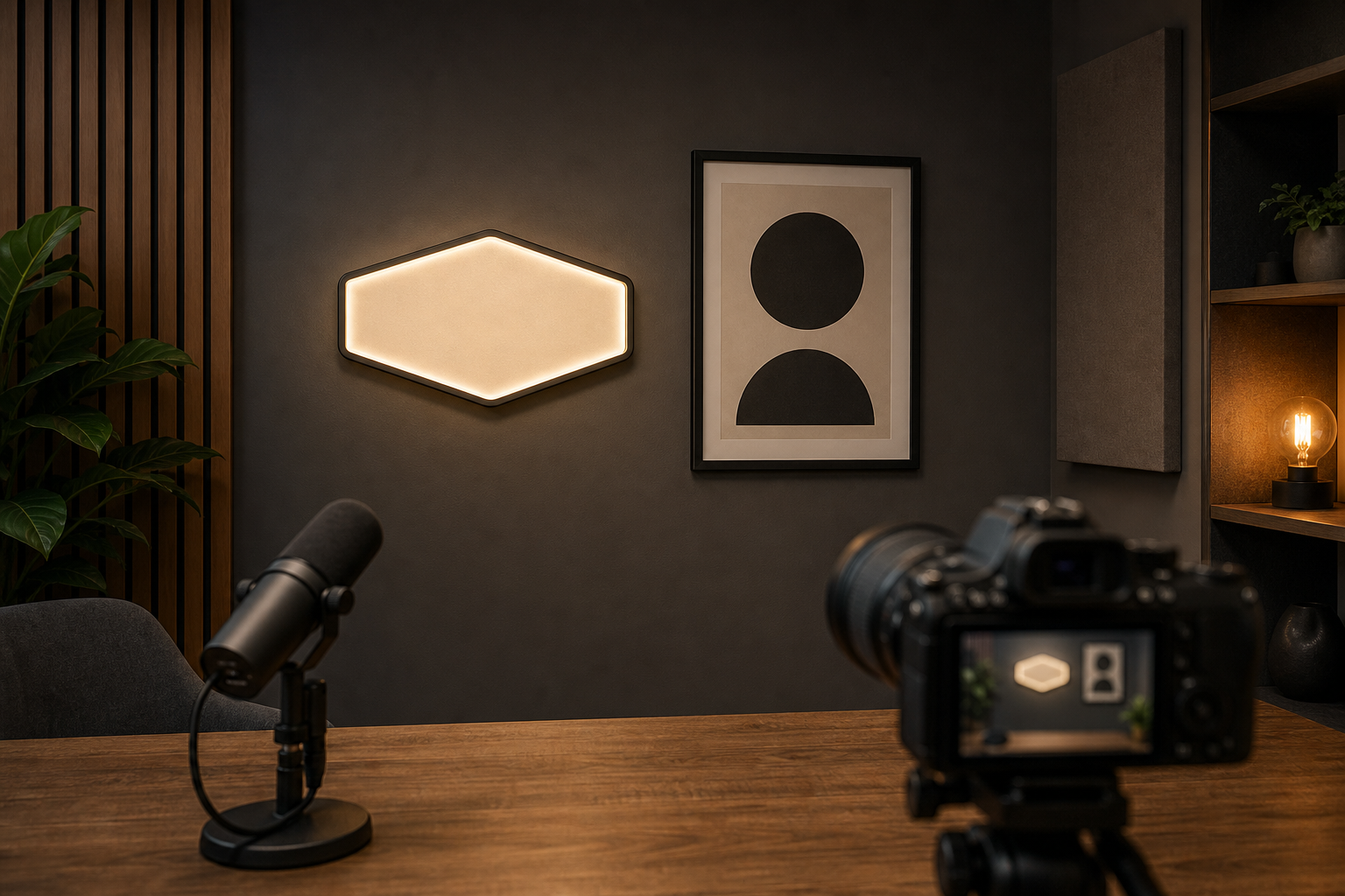 Podcast studio set with an illuminated wall sign and a framed non-lighted sign viewed from the camera position