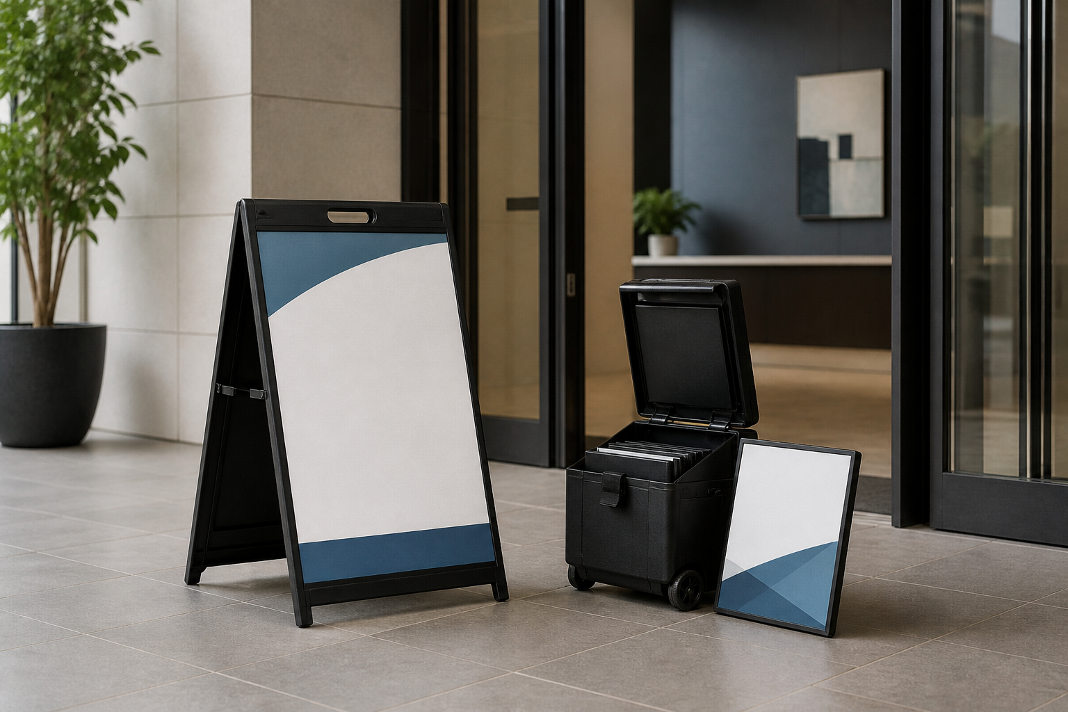 Portable A-frame and compact panel signs beside a rolling case at a clear building entrance