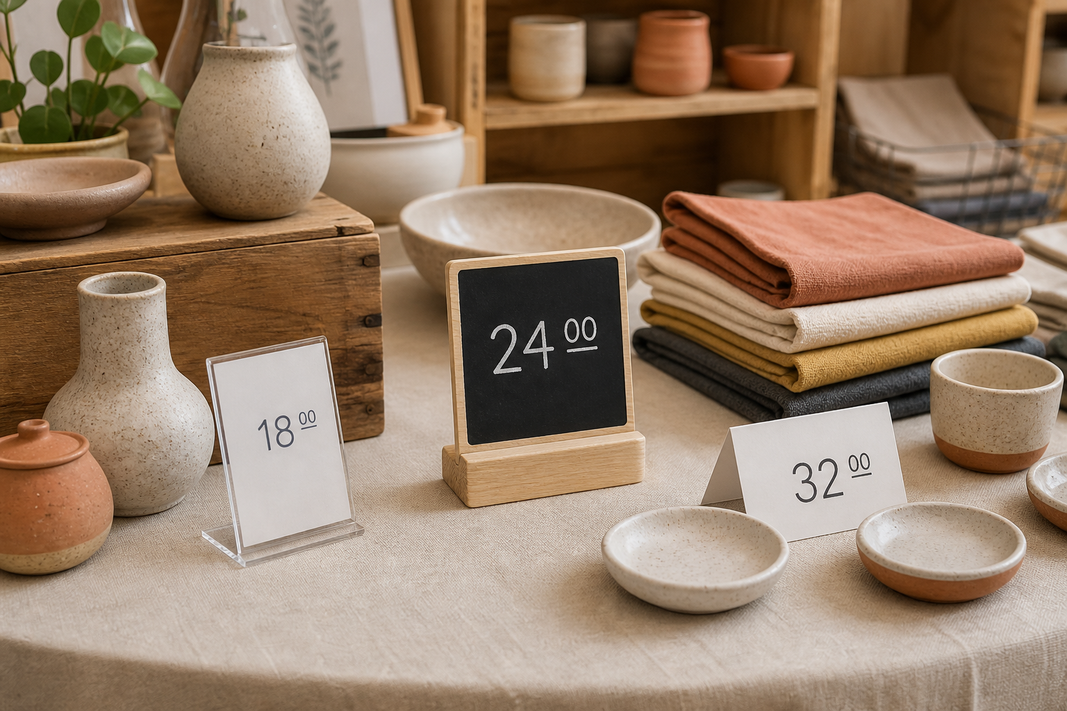 Acrylic holder, mini chalkboard, and tent-card price signs arranged among pottery and textiles on a craft-fair table