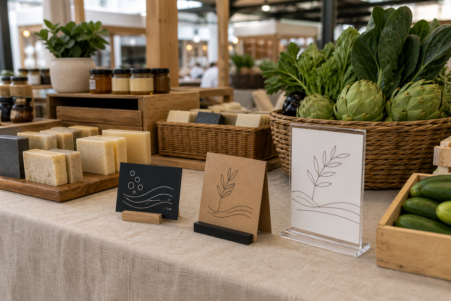 Reusable chalkboard, kraft tent-card, and acrylic insert signs arranged among generic goods on a farmers market table