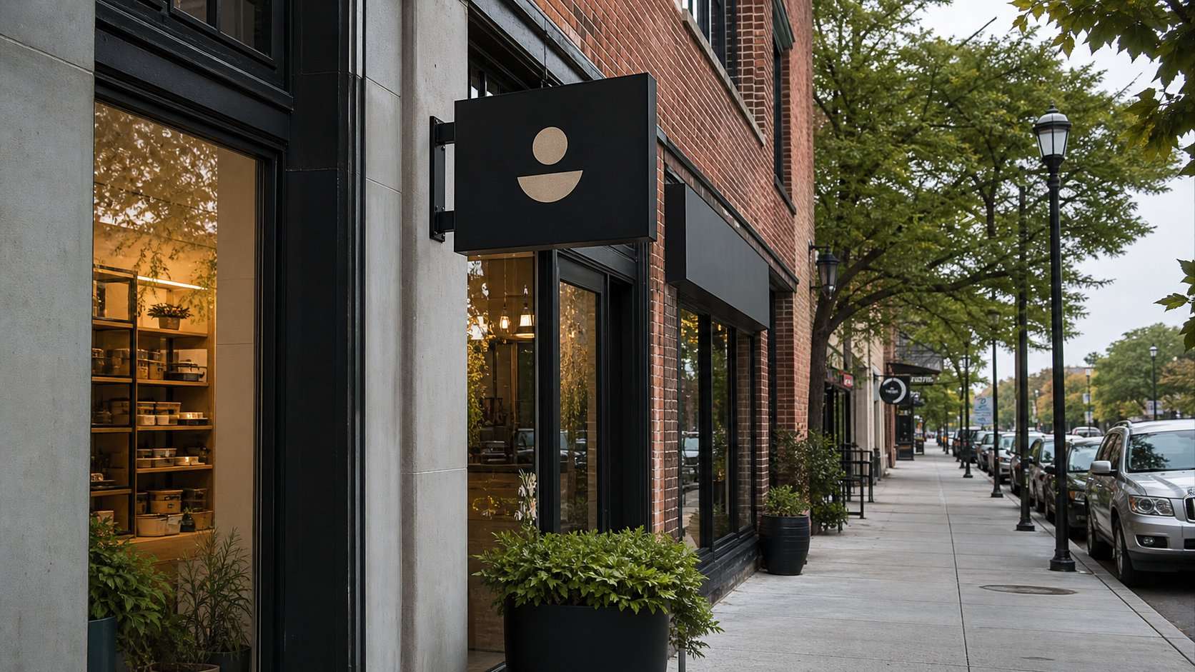 Projecting blade sign viewed along a storefront sidewalk to show its perpendicular sightline