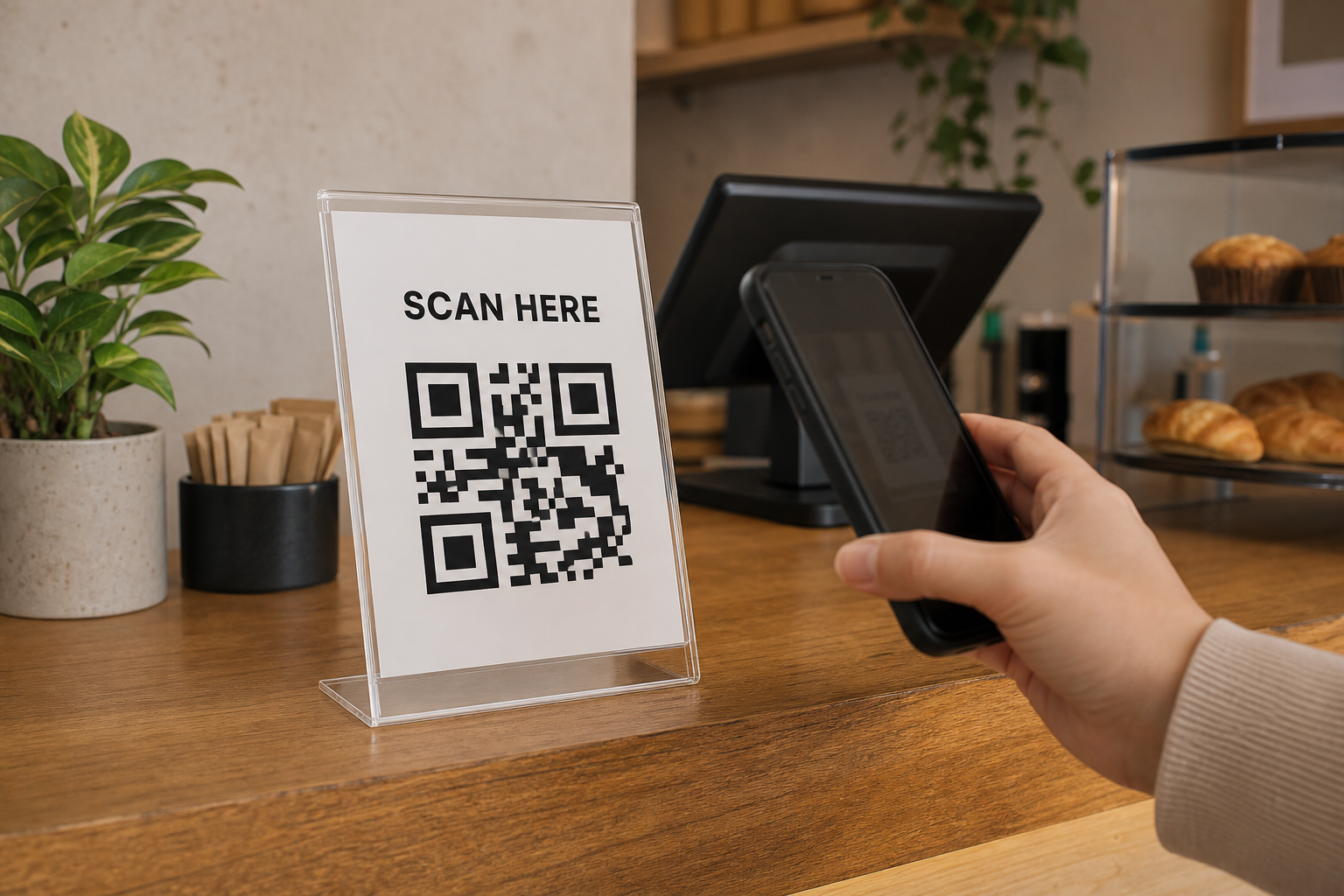 Clear acrylic QR code sign on a cafe counter being scanned from a comfortable distance with a phone
