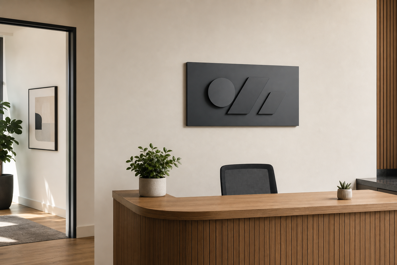 Compact interior brand sign above a reception counter, showing useful wall scale and contrast for a salon suite