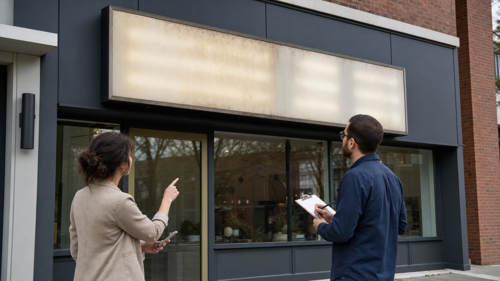 Business owner and sign professional viewing an aging illuminated storefront sign from the sidewalk