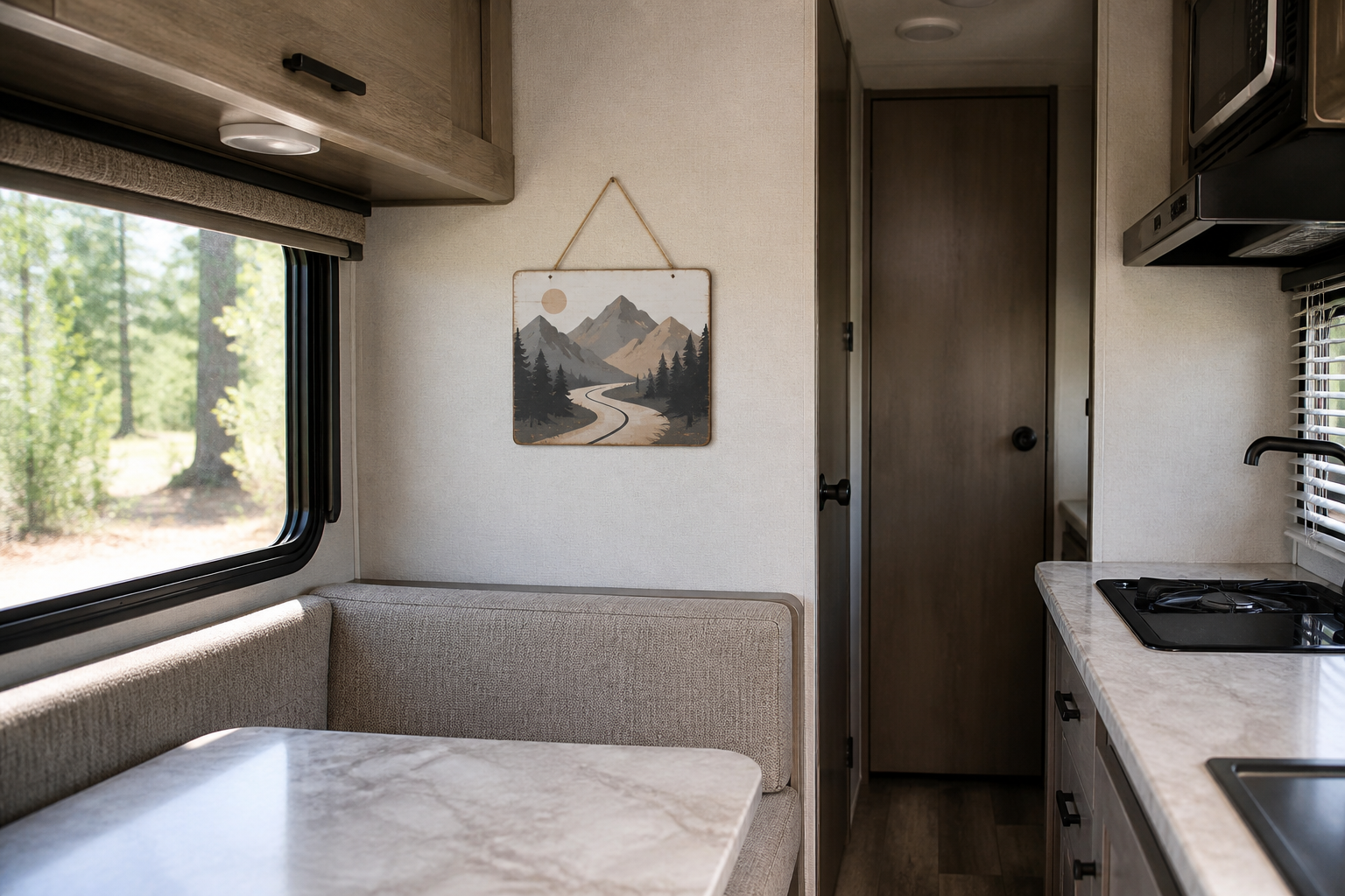 Compact mountain-themed decorative sign displayed at realistic scale beside an RV dinette, window, cabinet, and walkway