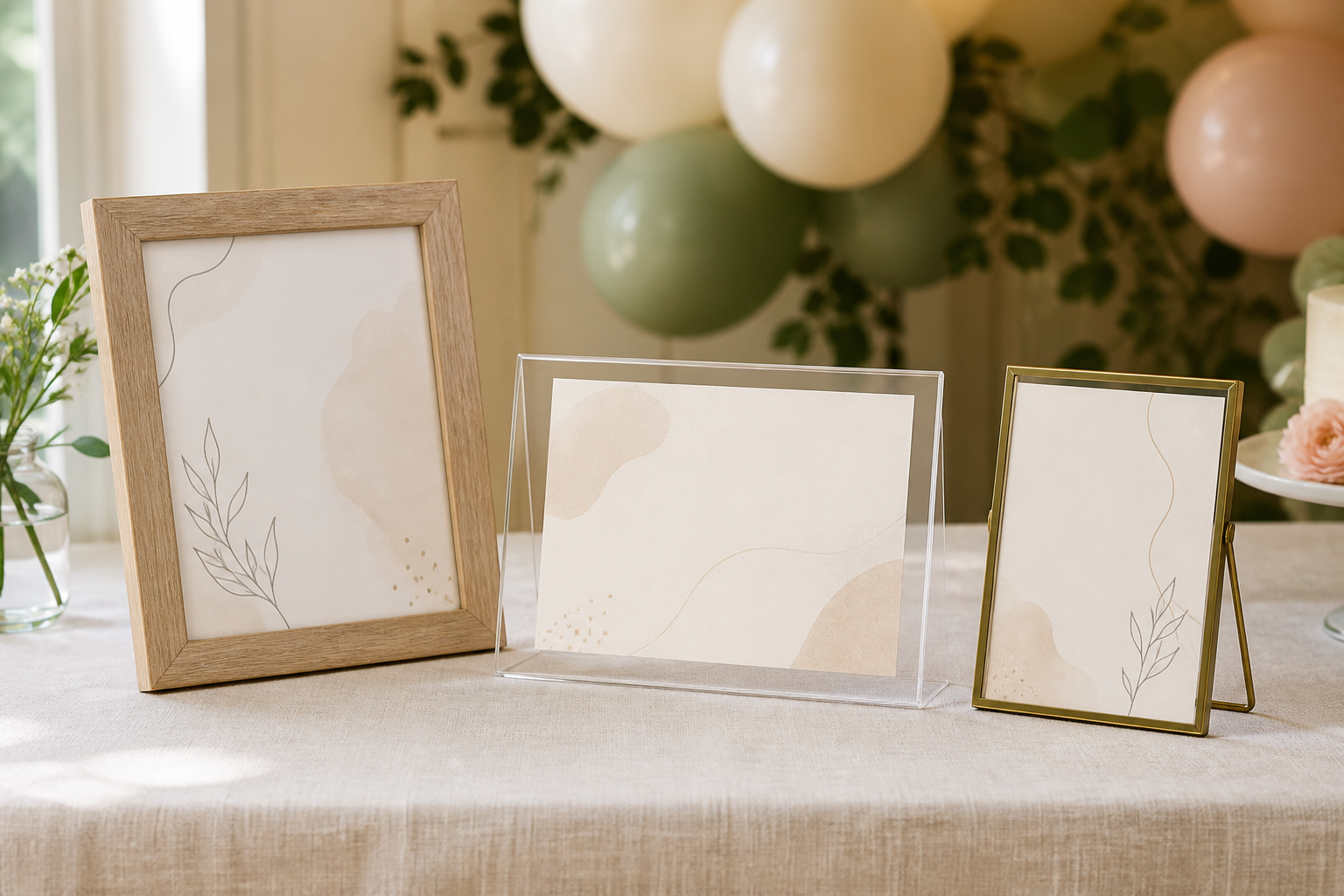 Wood portrait frame, clear landscape holder, and metal tabletop frame displaying printable party signs