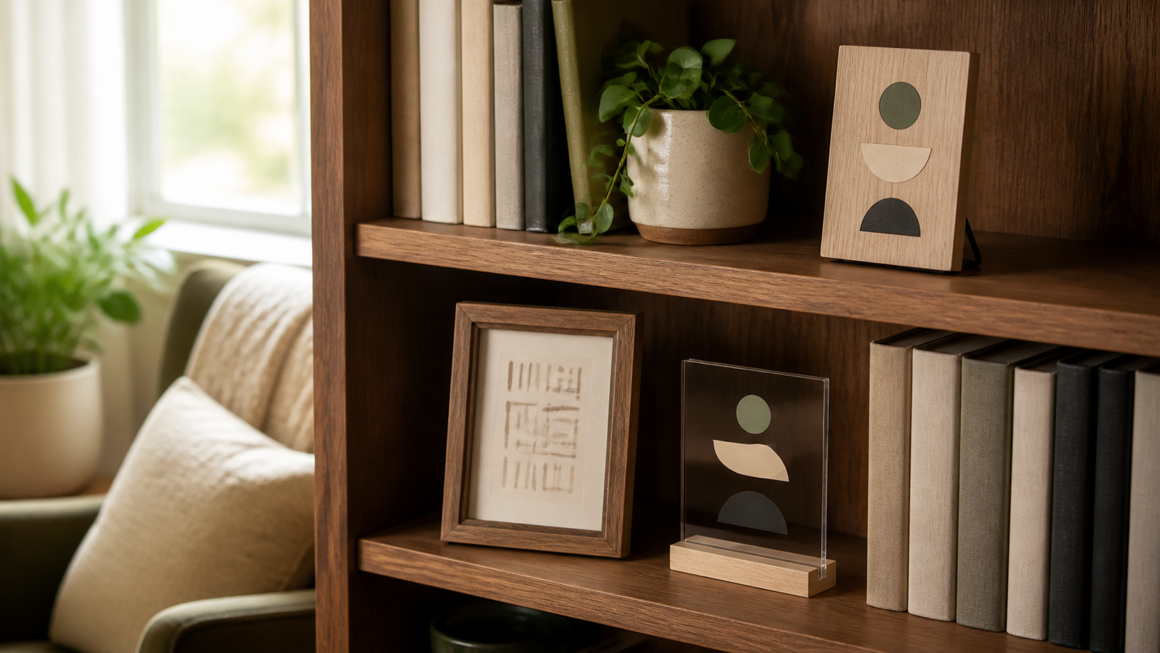 Small wood, framed, and acrylic decor signs arranged on a bookshelf in a reading nook