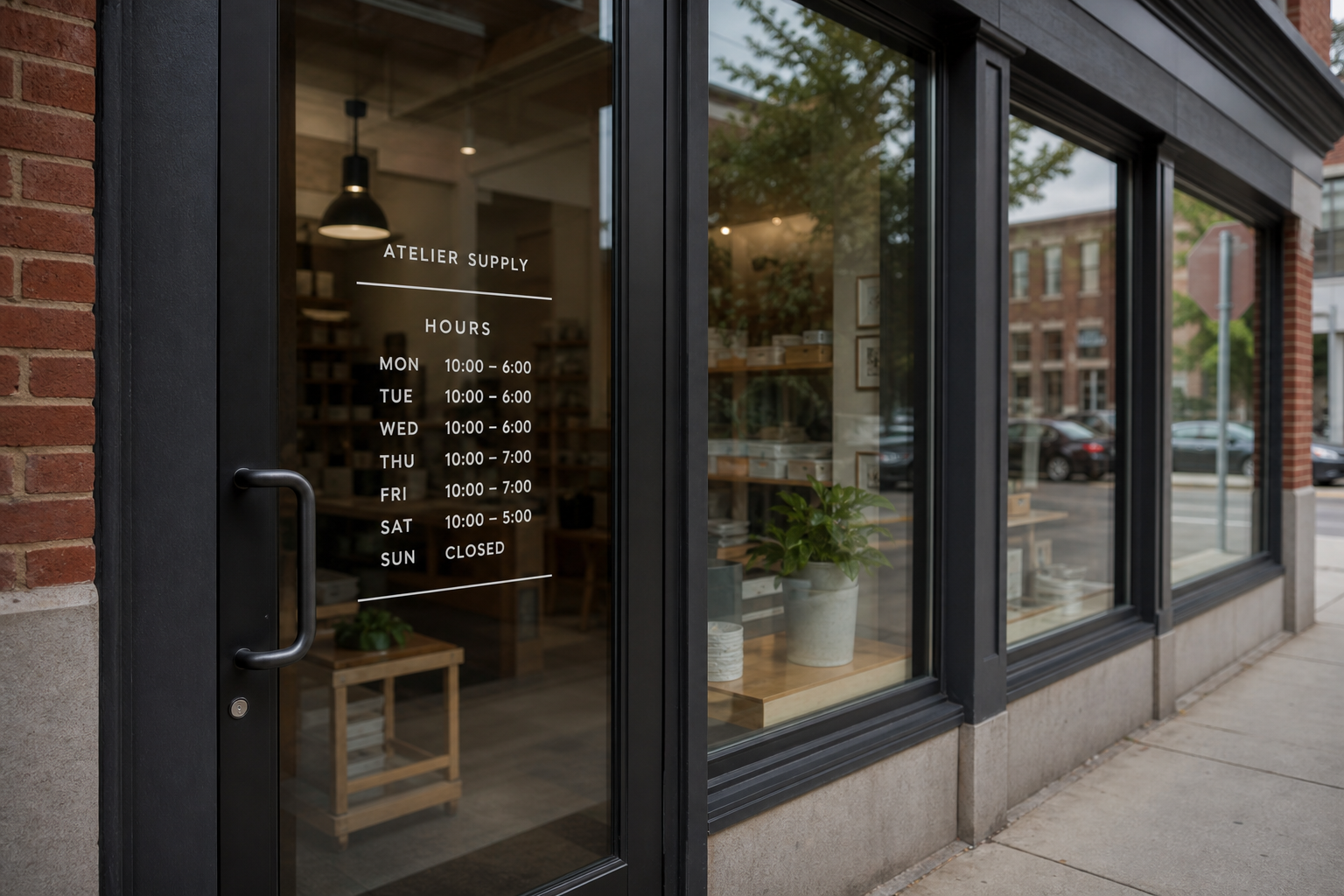 Street-level view showing store-hours vinyl scale on a glass entrance