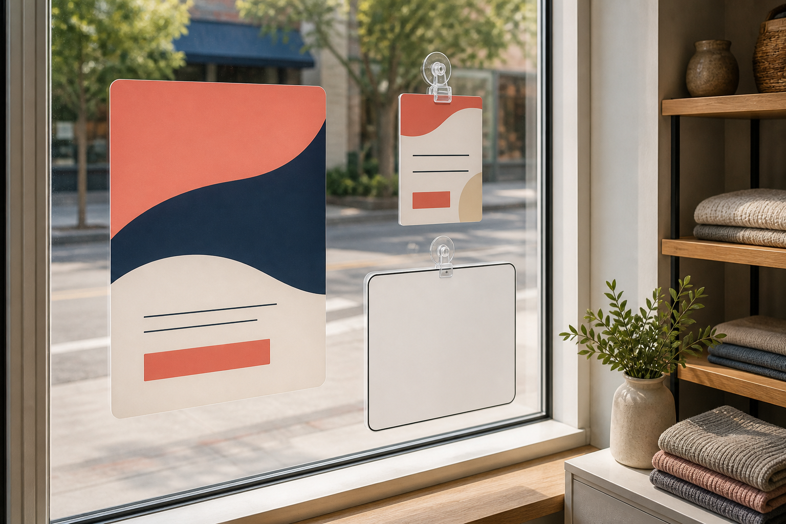Large static-cling style promotional panel on a shop window