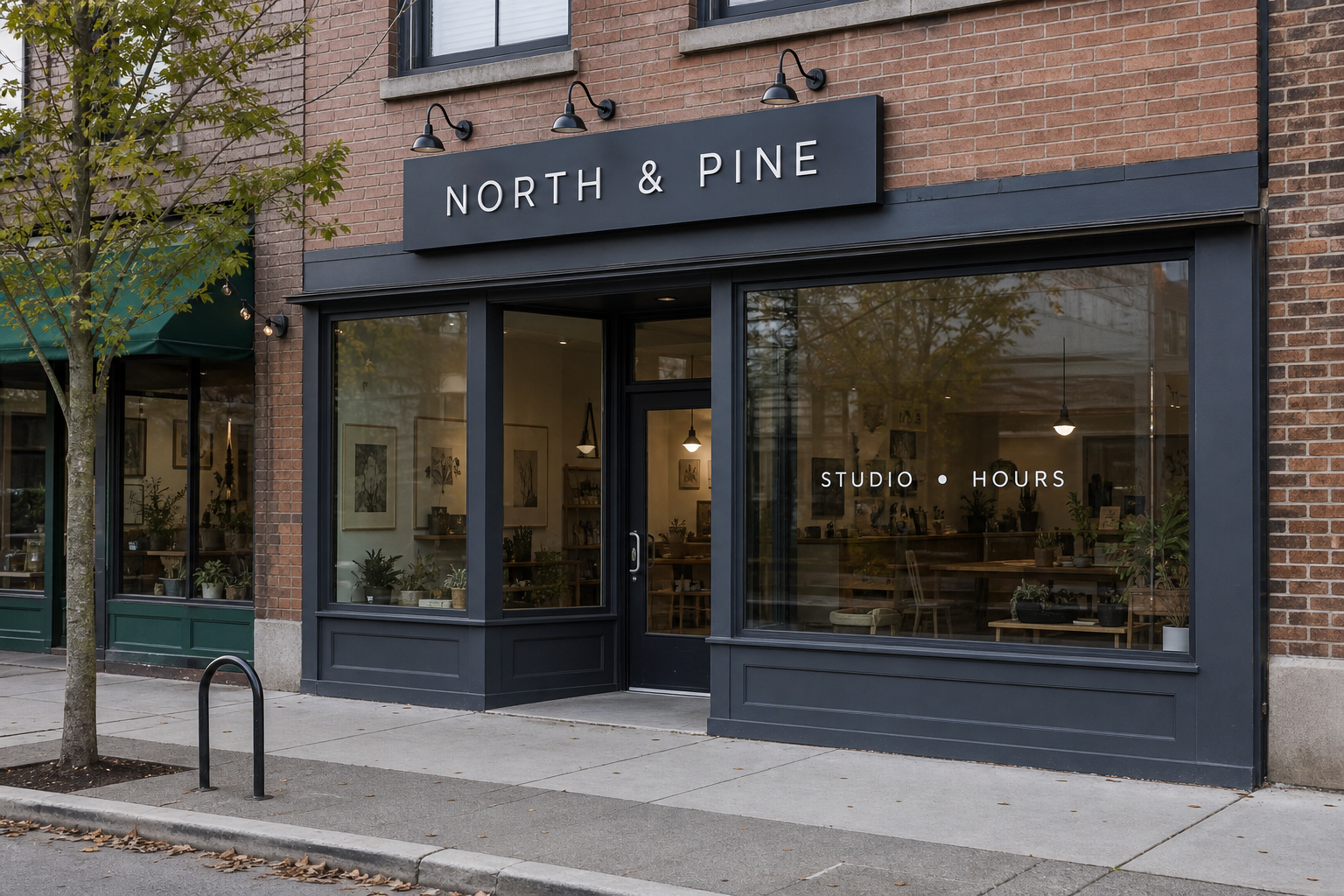 Small storefront with a wall identity sign above the entrance and hours lettering on the window
