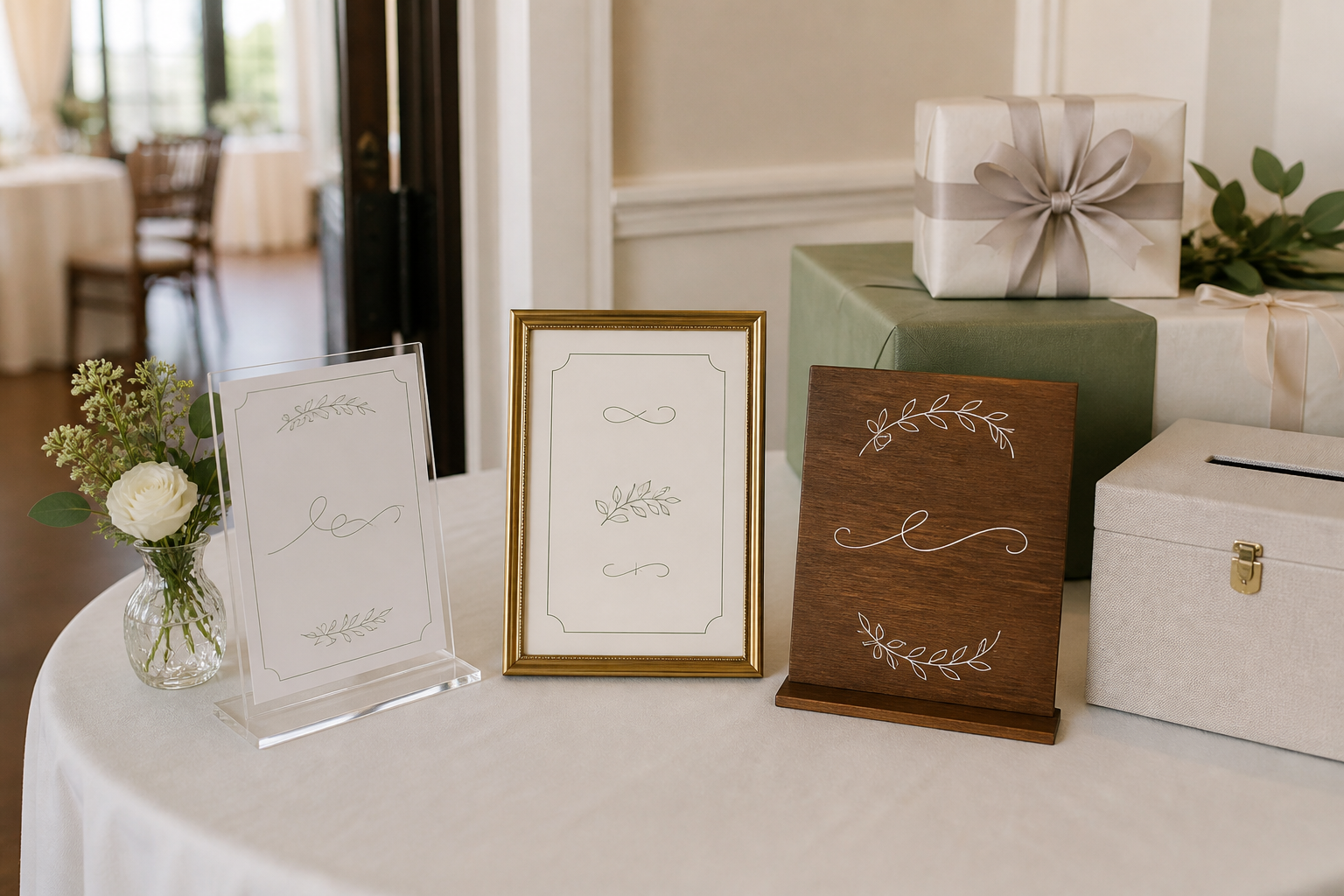 Clear acrylic insert sign format on a wedding gift table